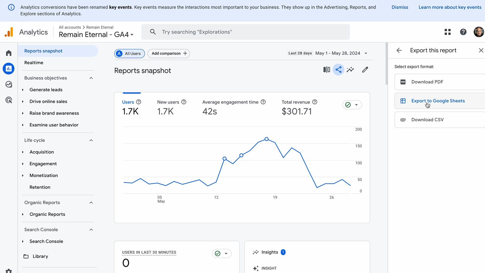 Screenshot of exporting data to Google Sheets from GA4 reports