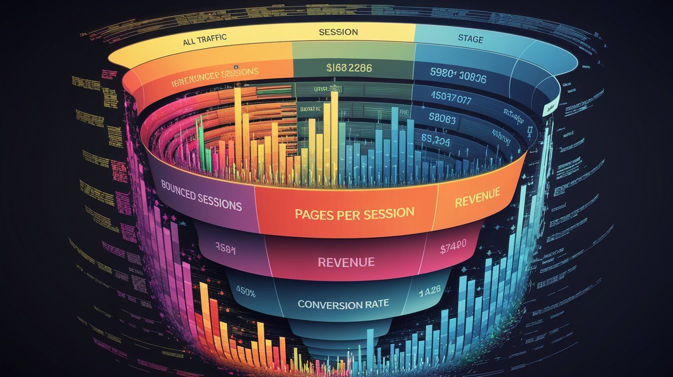 A 3d rendering of a sales funnel with a rainbow of colors.