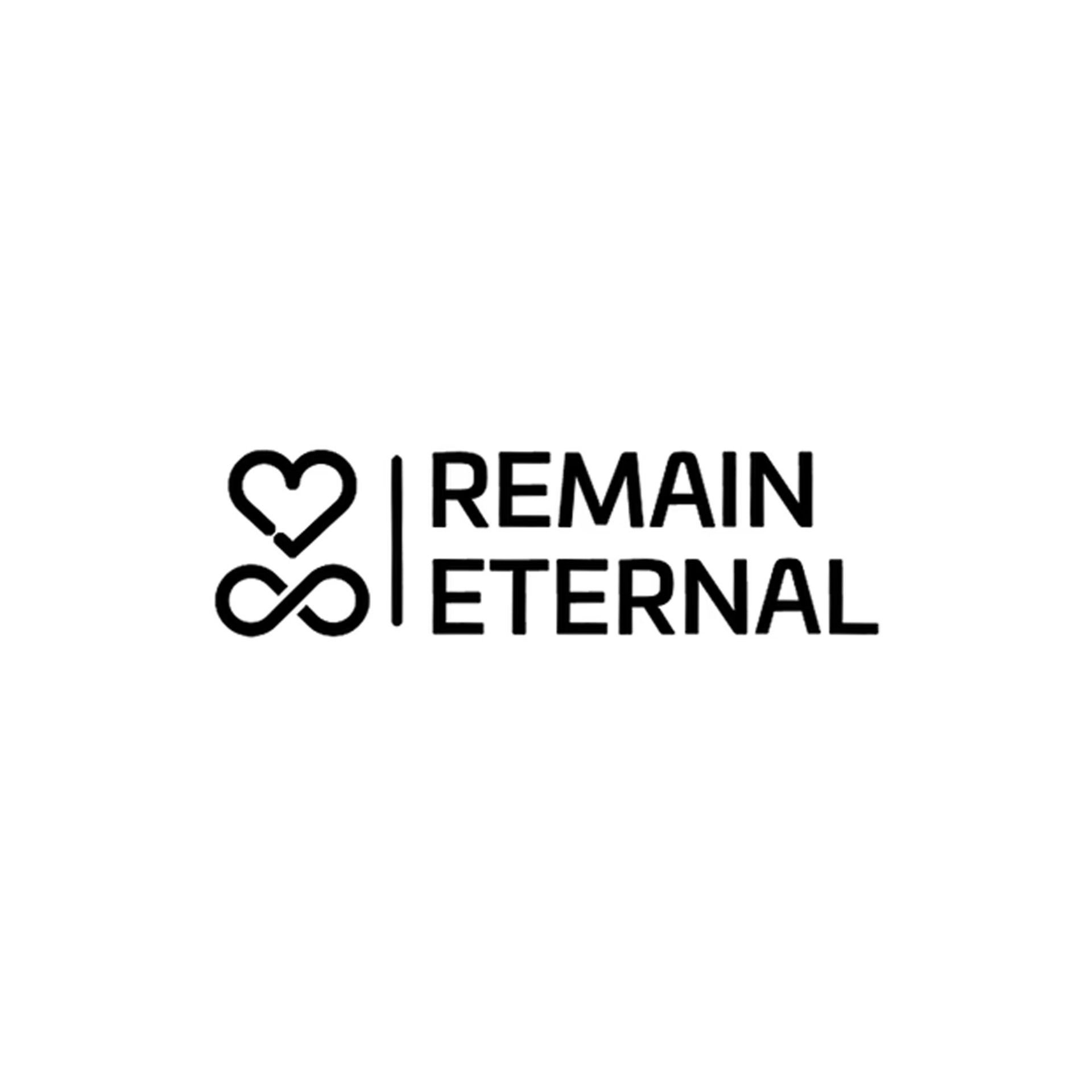 The logo for remain eternal is black and white with a heart and infinity symbol.