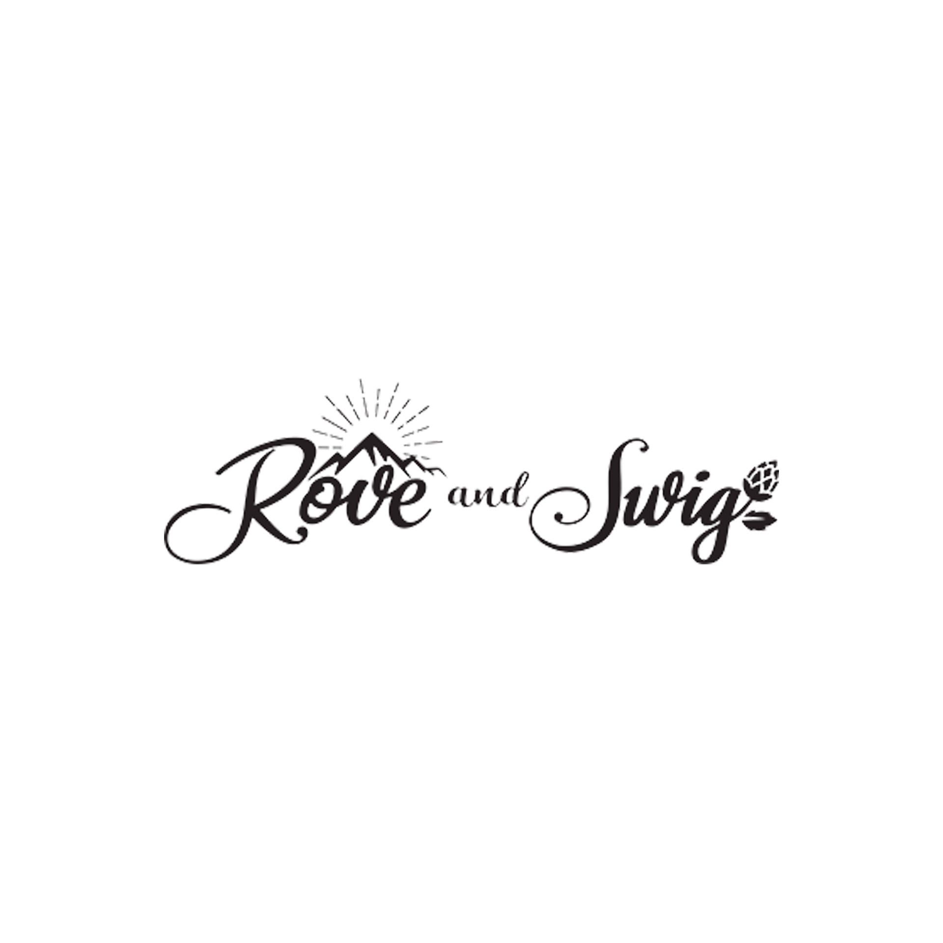 A black and white logo for rove and swig with a mountain in the background.