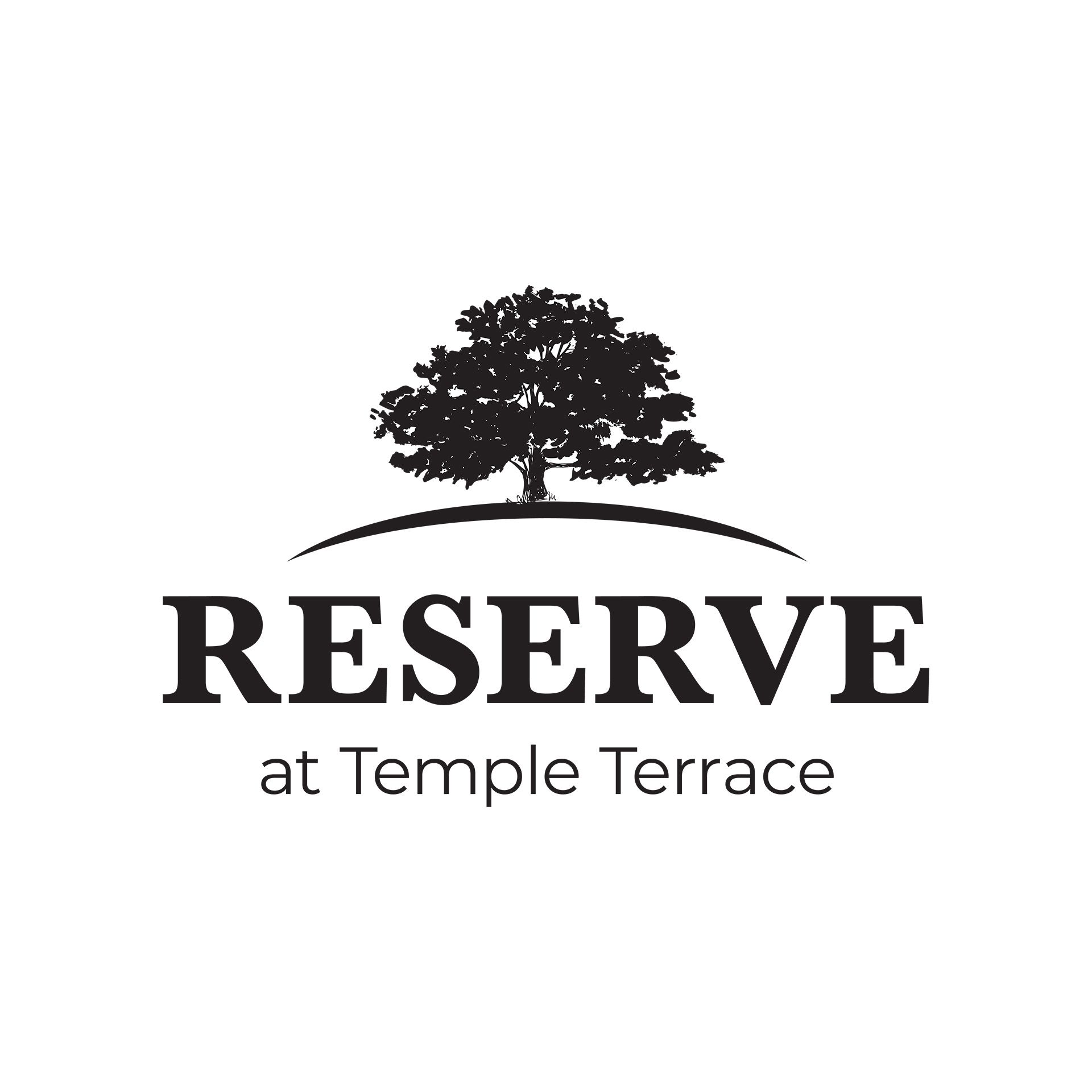 A black and white logo for reserve at temple terrace with a tree on a hill.