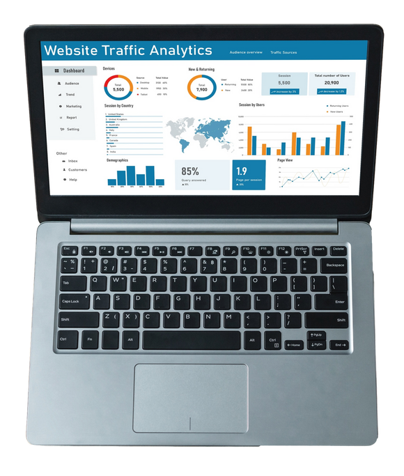 Un ordinateur portable est ouvert sur une page d'analyse du trafic d'un site Web