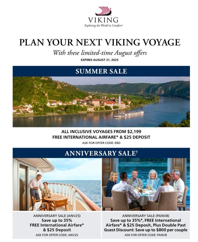 Promotional flyer from Viking cruises, with a summer and anniversary sale, featuring photos of ships and scenery.