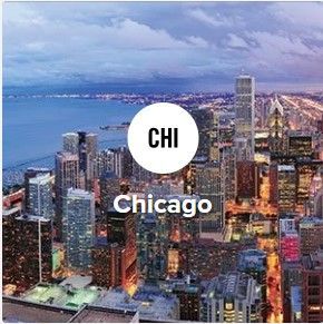 Chicago skyline at dusk, with "CHI" inside a white circle. Lake Michigan in the background.
