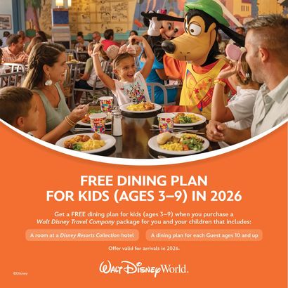 A poster for a free dining plan for kids in 2026