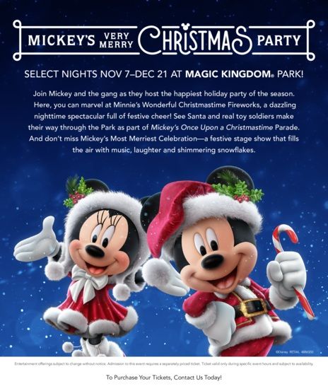 Mickey and Minnie Mouse in festive attire promoting Mickey's Very Merry Christmas Party at Magic Kingdom. Includes party details, dates, and description.