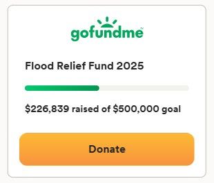 A screenshot of a gofundme flood relief fund in 2025.