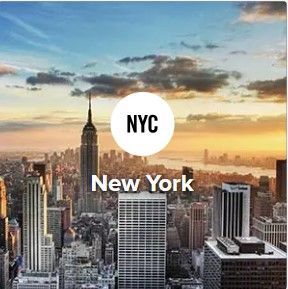 Skyline of NYC at sunset with the Empire State Building prominent. "NYC" is in a white circle over the city.