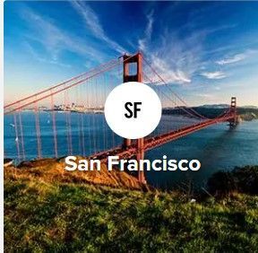 Golden Gate Bridge in San Francisco, CA. Sunny day with blue water, grassy hill, and text label "SF".