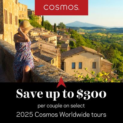 An advertisement for cosmos worldwide tours that says save up to $ 300 per couple on select 2025 cosmos worldwide tours