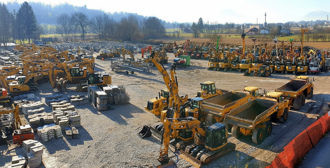 Un ampio spazio all'aperto pieno di attrezzature edili gialle, come escavatori e autocarri con cassone ribaltabile.