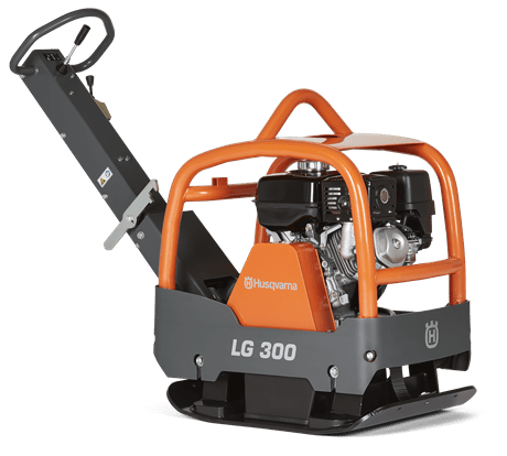 Piastra vibrante Husqvarna LG 300, arancione e grigia, utilizzata per la compattazione del terreno.