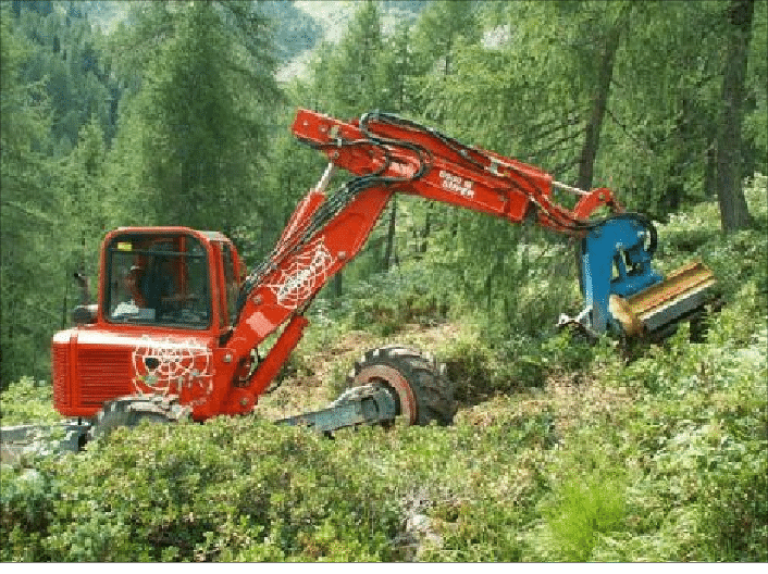 Trinciatrice forestale rossa che sgombera la vegetazione in un ambiente verdeggiante.
