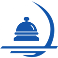 Blue concierge bell icon with a curved design element in the background.