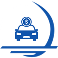 Blue car icon with a dollar sign above, with a curved design element in the background.