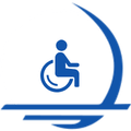 Blue wheelchair accessibility icon with a curved design element in the background.