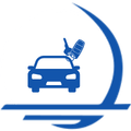 Blue car icon with keys on top with a curved design element in the background.