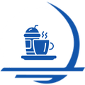 Blue icon of a cold drink and coffee cup on a tray, with a curved design element in the background.