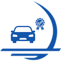 Blue car icon with checkmark badge, with a curved design element in the background.