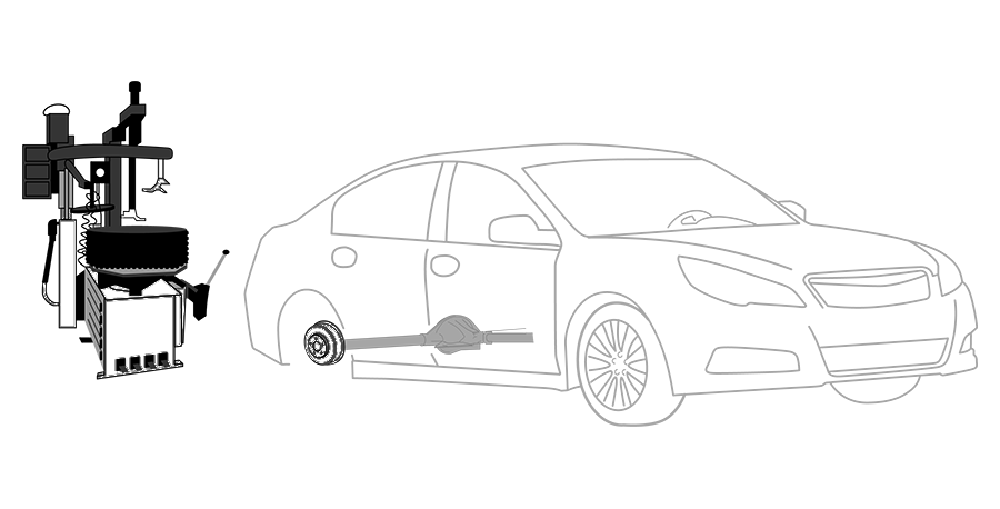 A black and white drawing of a car with a machine next to it.