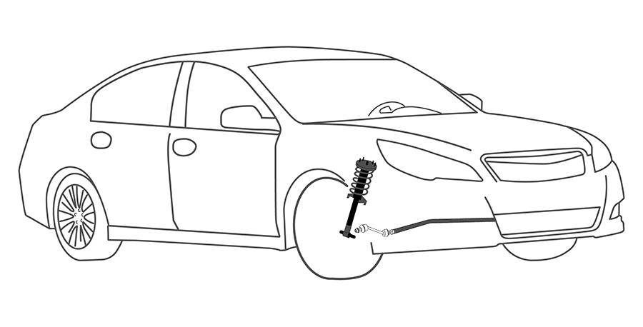 A black and white drawing of a car with a broken wheel.