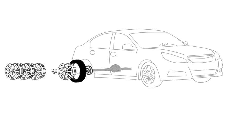 A black and white drawing of a car with wheels and tires.