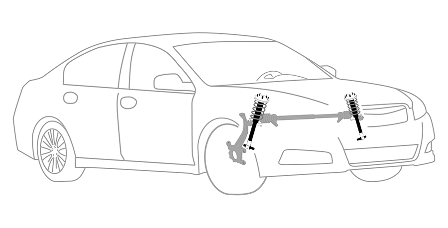 A black and white drawing of a car with suspension.