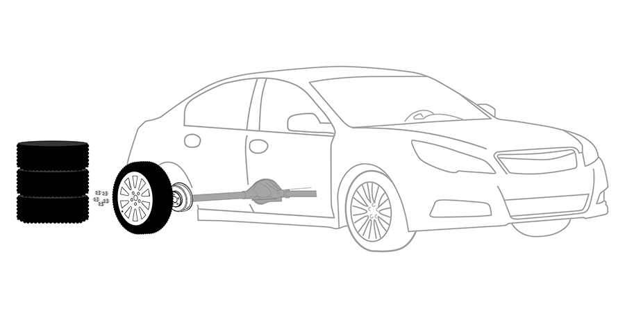 A black and white drawing of a car with a tire and a wheel.