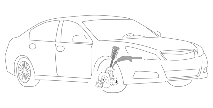 A black and white drawing of a car with a suspension system.