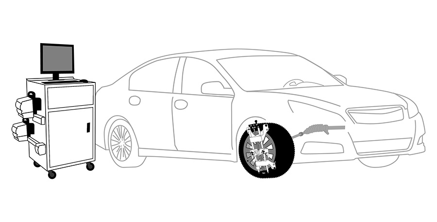 A black and white drawing of a car and a computer.