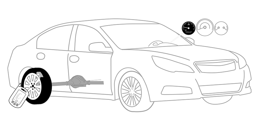 A black and white drawing of a car with a flat tire.
