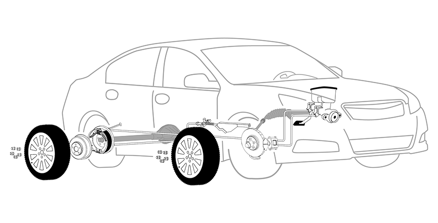 A black and white drawing of a car with wheels and tires.