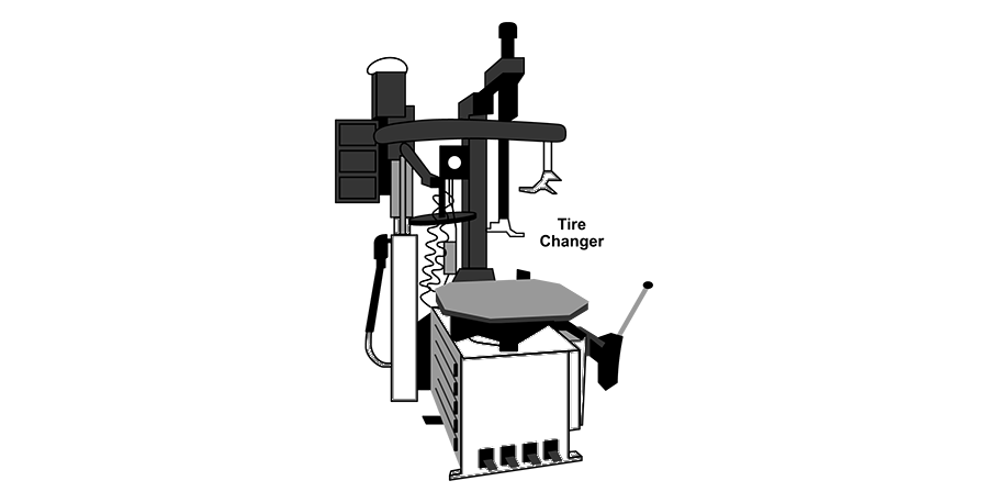 A black and white drawing of a tire changer on a white background.