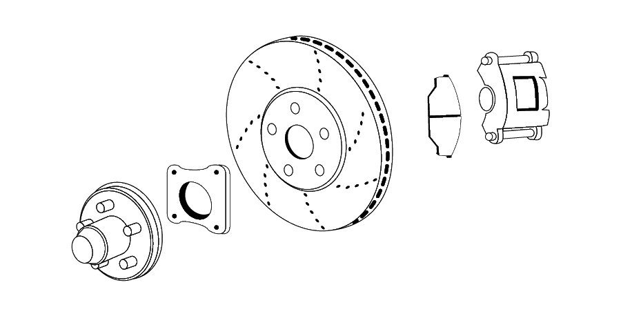 A black and white drawing of a brake disc and brake pads.