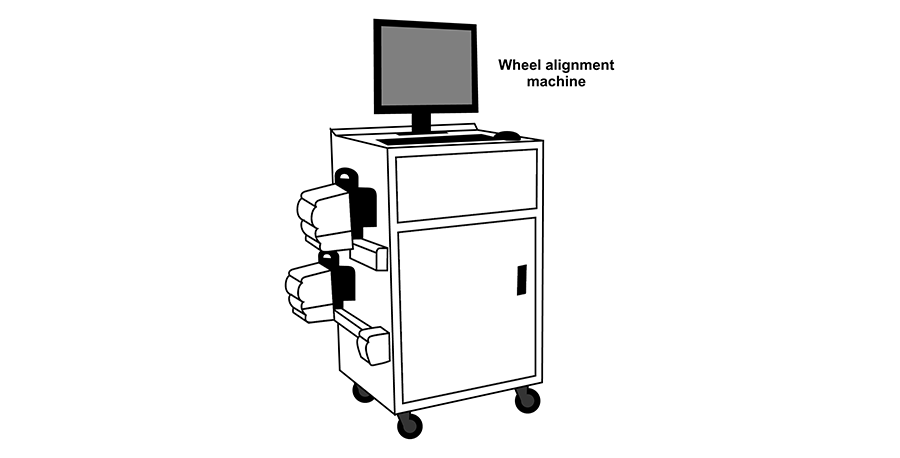 A black and white drawing of a computer on a cart.