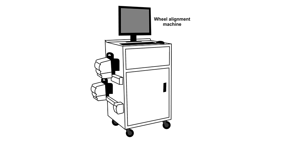 A black and white drawing of a computer on a cart.