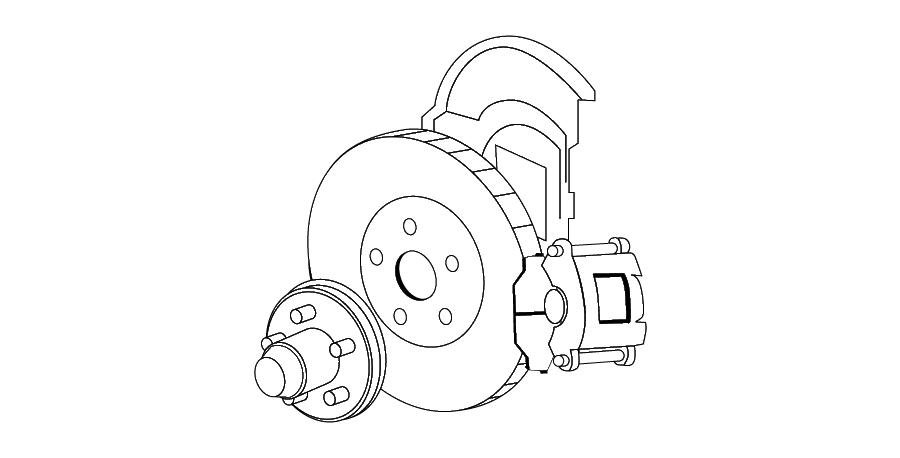 A black and white drawing of a brake disc and a brake pad.