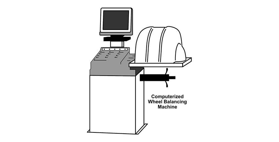 A black and white drawing of a computer sitting on top of a wheel balancing machine.