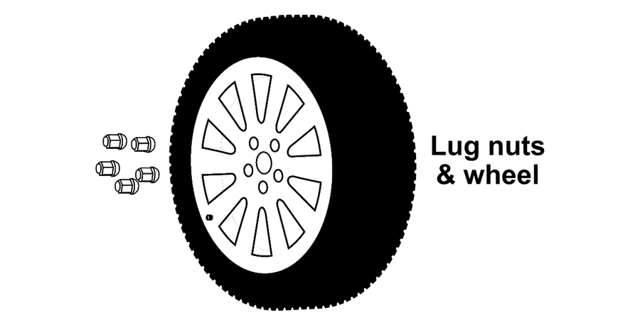 A black and white drawing of a tire with lug nuts and a wheel.