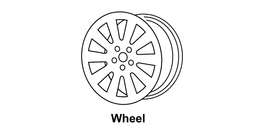 A black and white drawing of a wheel on a white background.