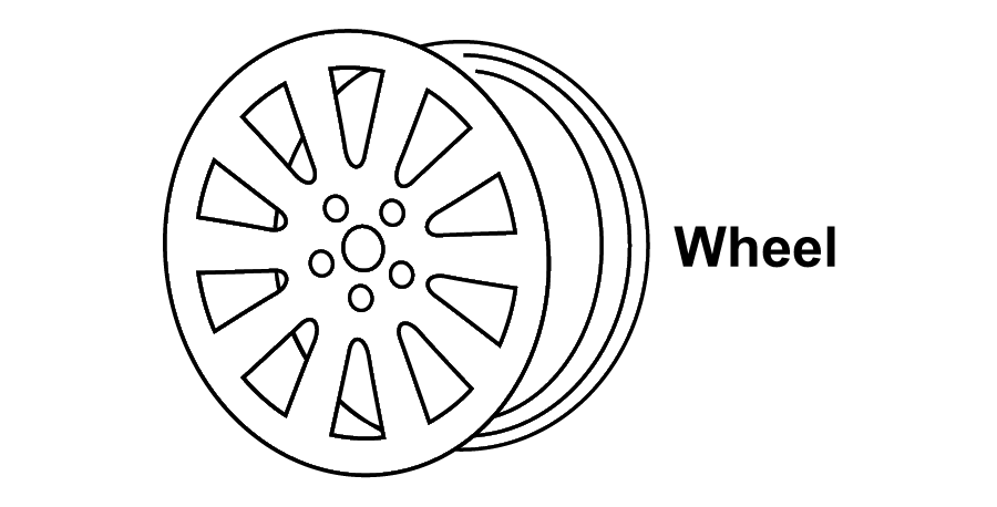 A black and white drawing of a wheel on a white background.