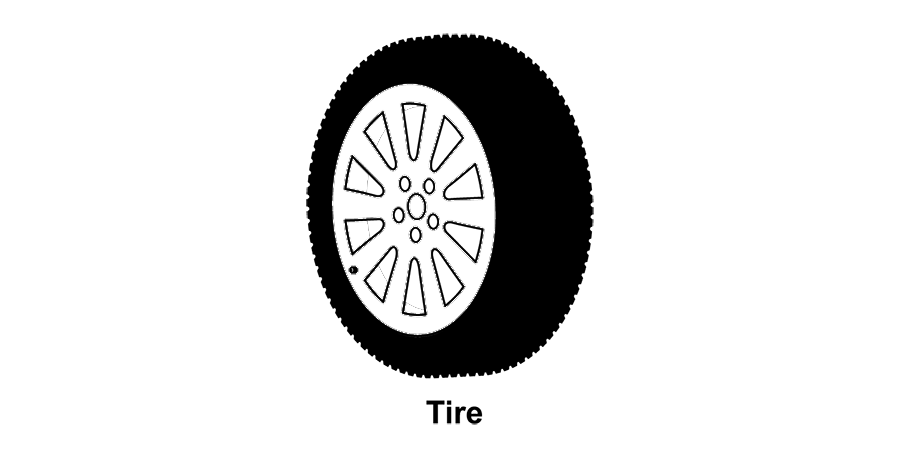 A black and white drawing of a tire on a white background.