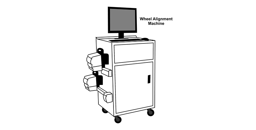 A black and white drawing of a wheel alignment machine with a computer on top of it.