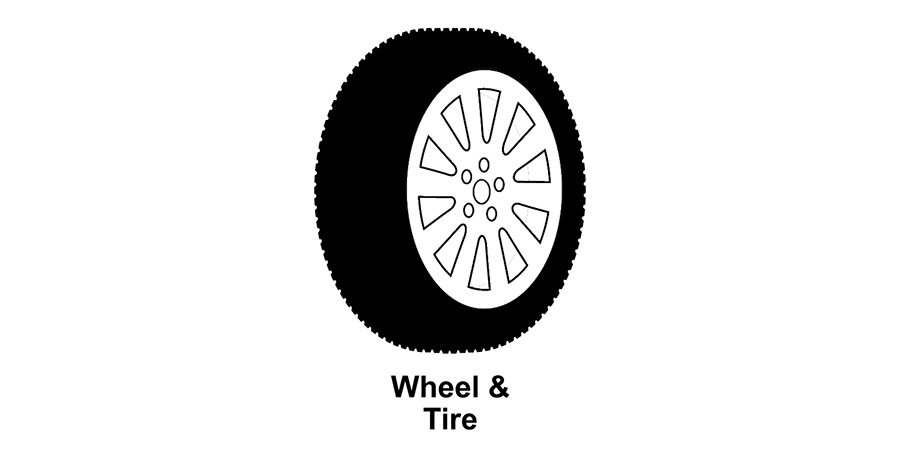 A black and white drawing of a wheel and tire on a white background.