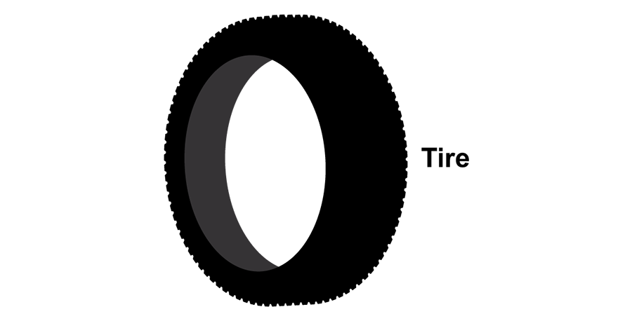 A black tire with the word tire below it