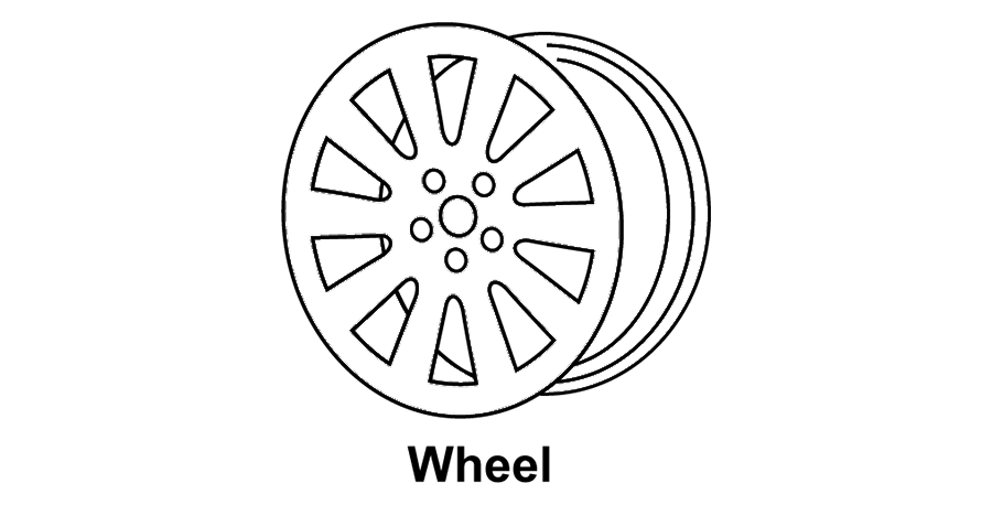 A black and white drawing of a wheel on a white background.