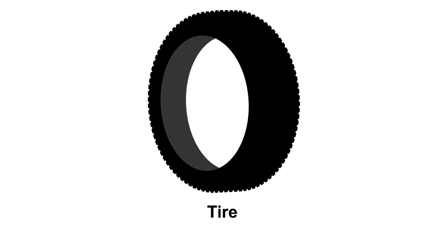 A black tire with the word tire below it