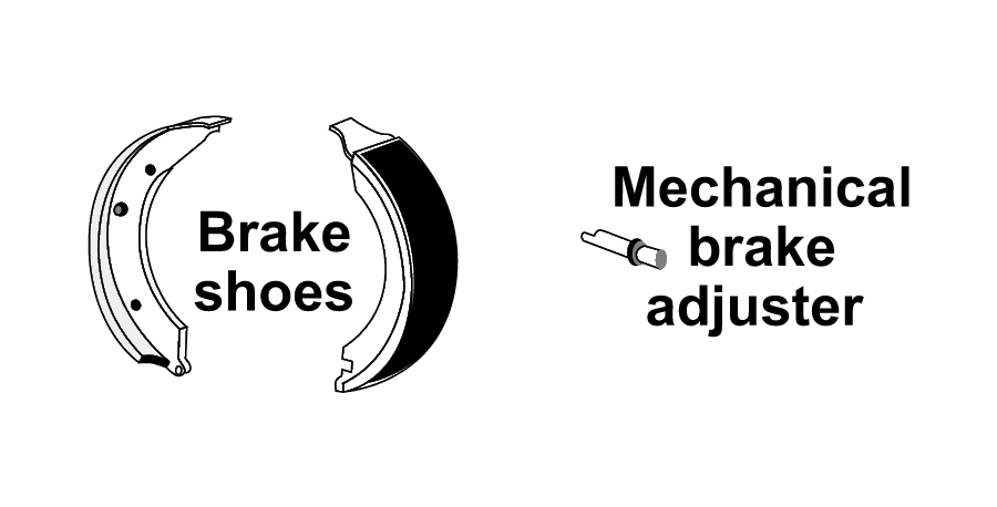 A black and white drawing of brake shoes and a mechanical brake adjuster.