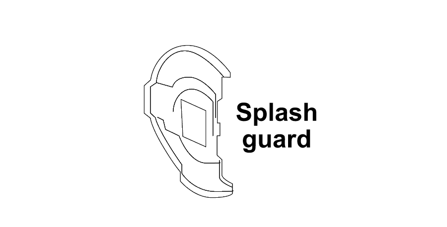 A black and white drawing of an ear with the words `` splash guard '' written below it.