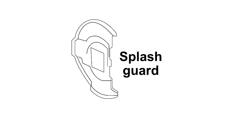 A black and white drawing of an ear with the words `` splash guard '' written below it.
